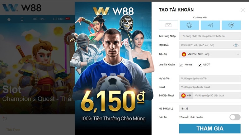 đăng ký tài khoản w88